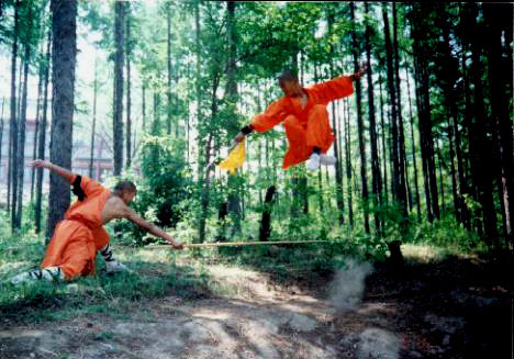 Two Shaolin Monks in Orange Fighting